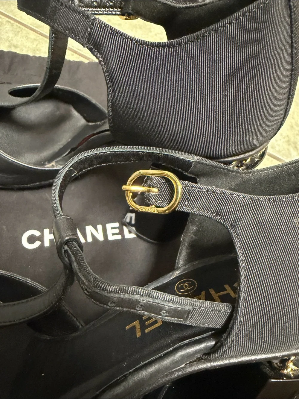 CHANEL Black Leather and Patent T-Strap Peep-Toe Heels